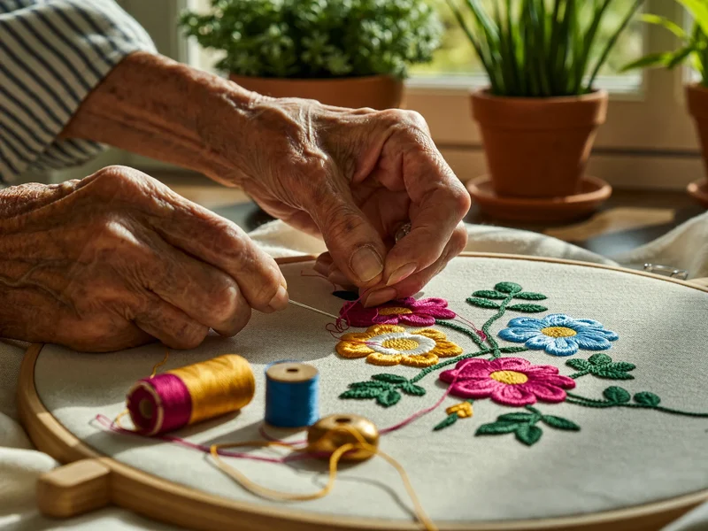 Mani esperte ricamano fiori colorati su lino naturale montato in un telaio.